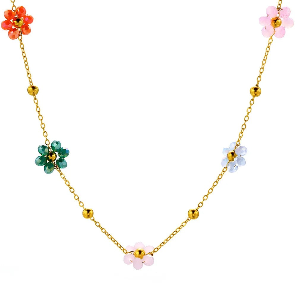 Chain Necklace with Multicolor Beaded Flower Charms