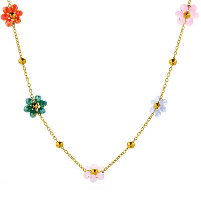 Chain Necklace with Multicolor Beaded Flower Charms