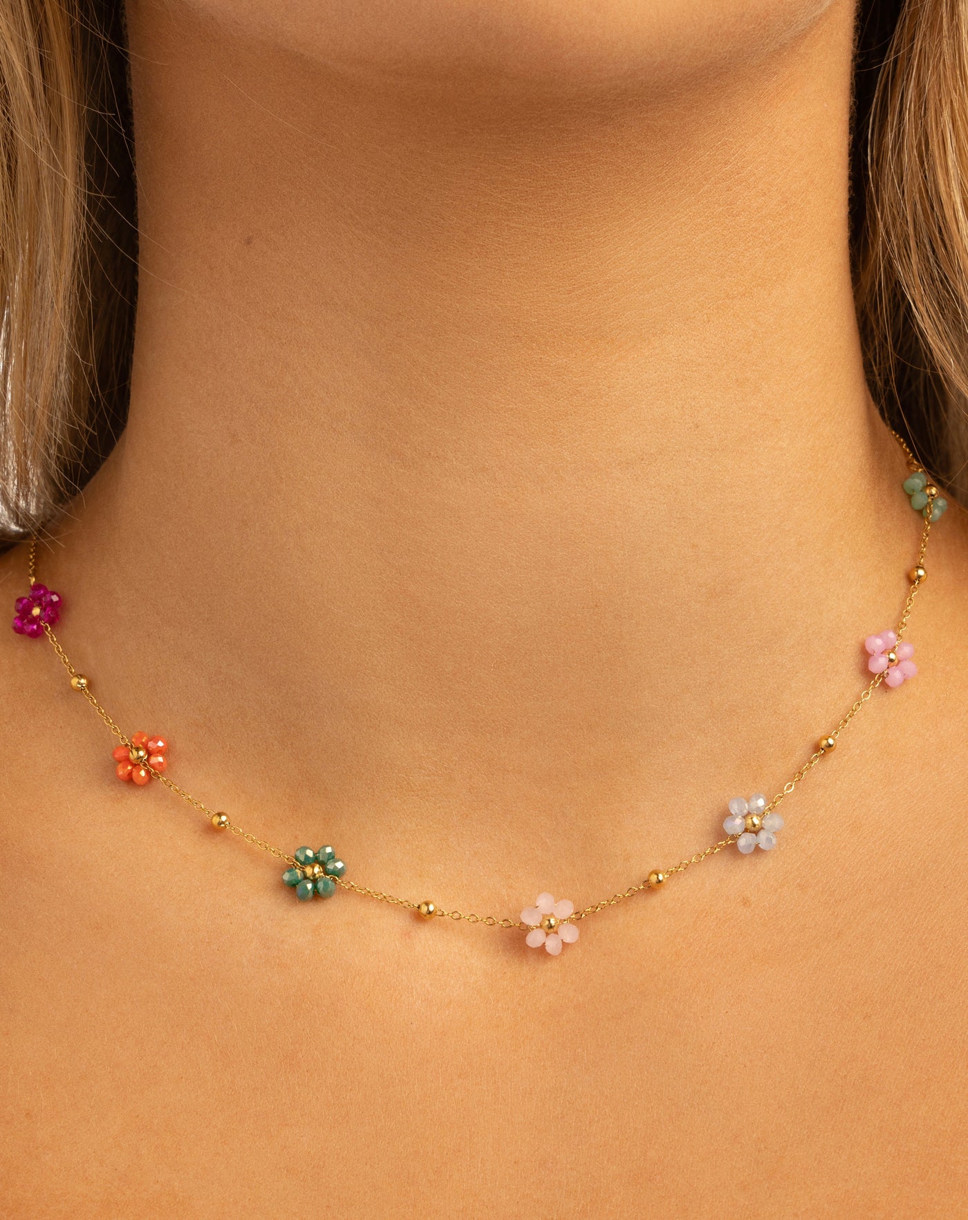 Chain Necklace with Multicolor Beaded Flower Charms