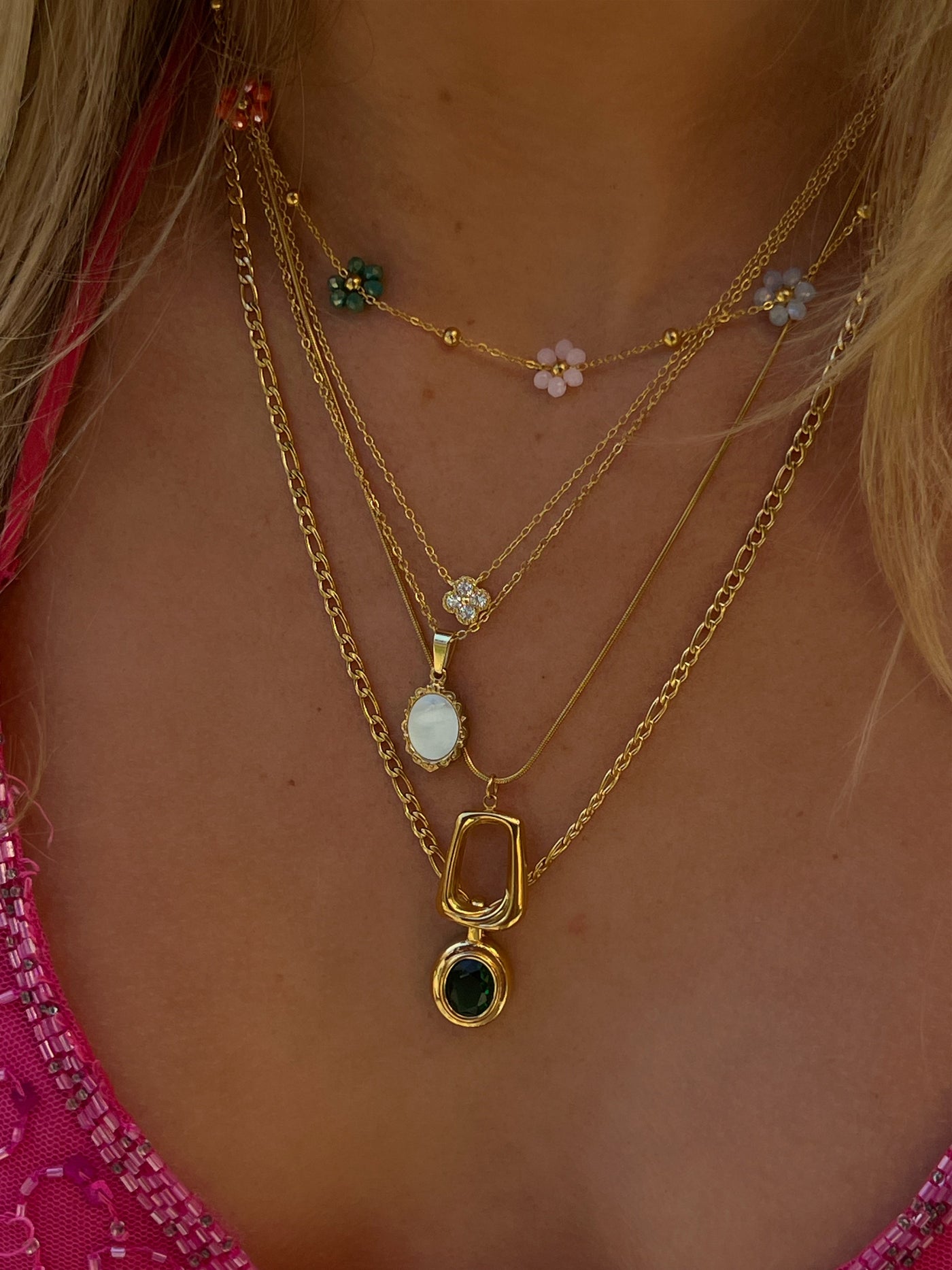 Chain Necklace with Multicolor Beaded Flower Charms