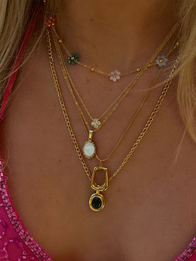 Chain Necklace with Multicolor Beaded Flower Charms