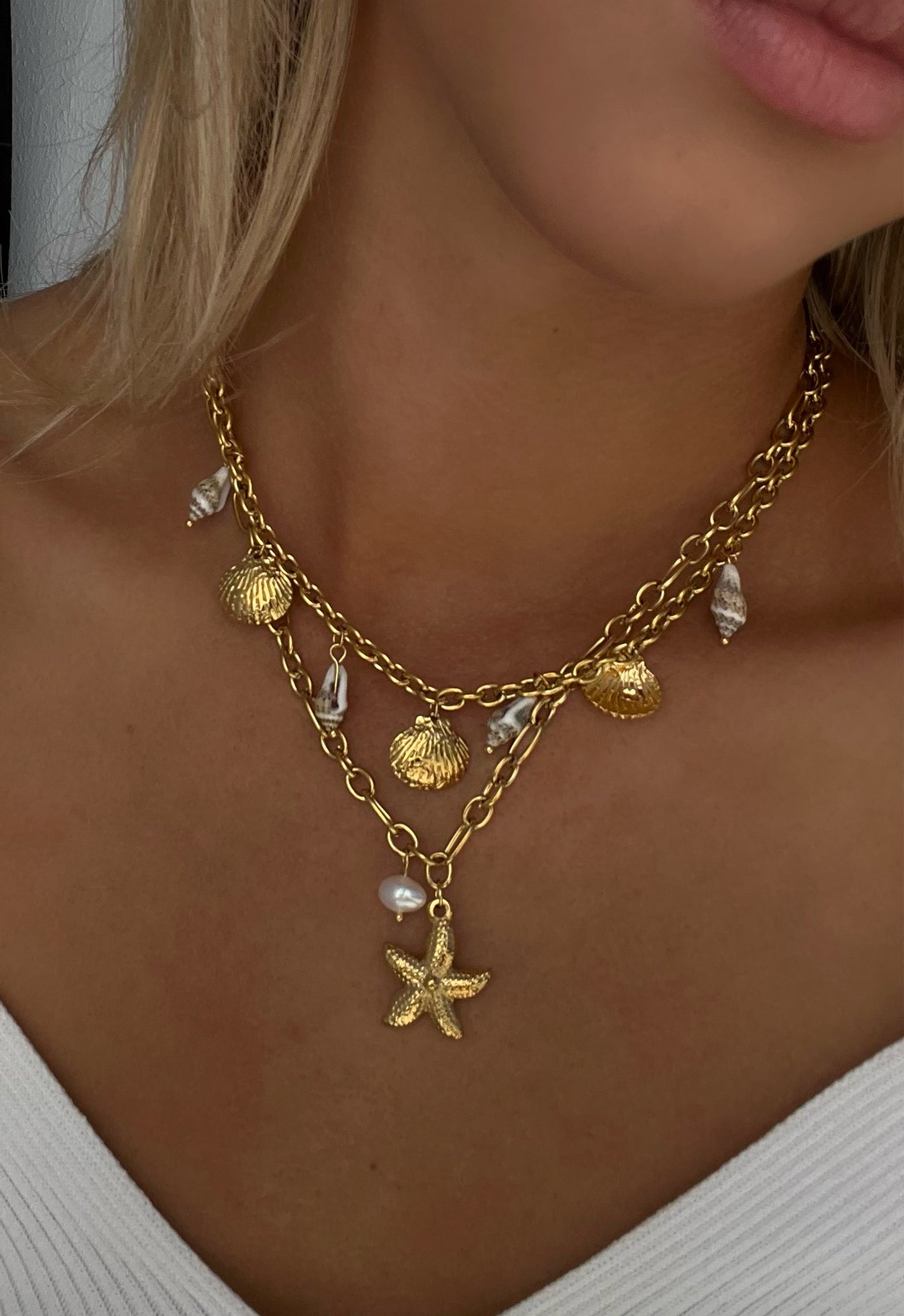 Chain Necklace with Starfish and Pearl Charms – 40 cm
