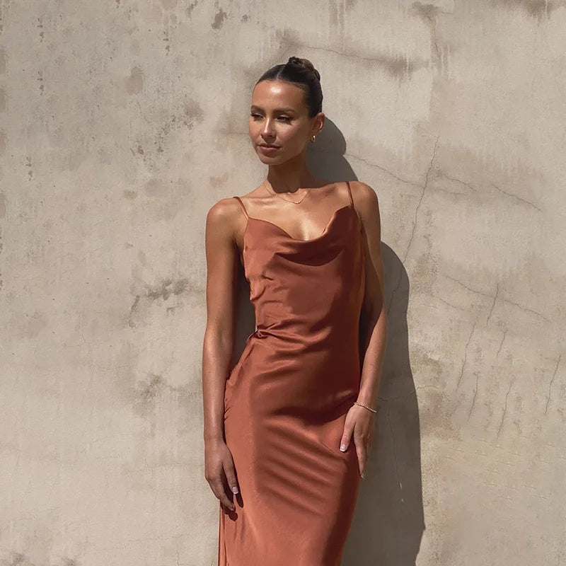 Millie | Satin Summer Maxi Dress with Cowl Neck