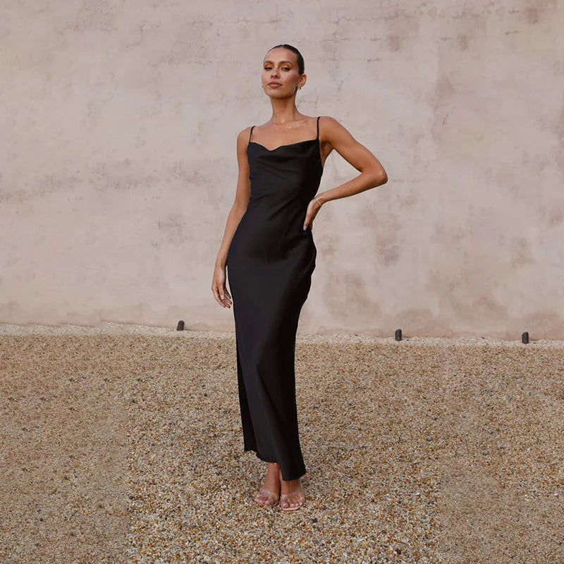 Millie | Satin Summer Maxi Dress with Cowl Neck